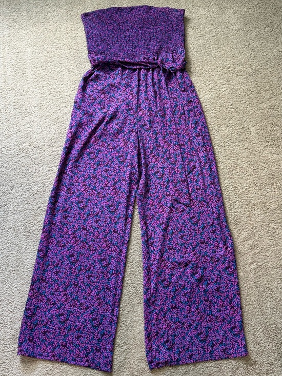 Michael Kors Pants - Michael Kors Purple Floral Strapless Wide-Leg Jumpsuit